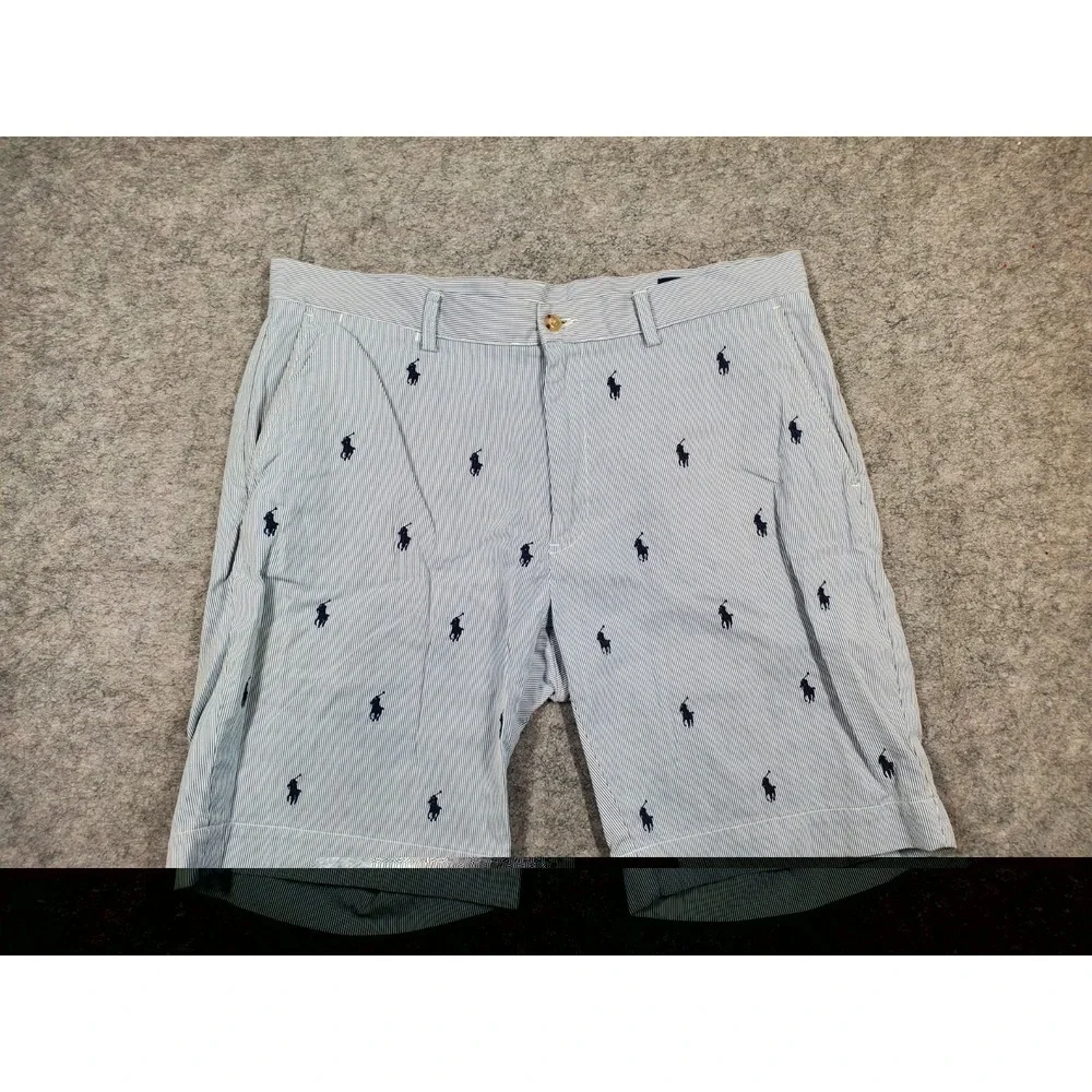 Polo Ralph Lauren Shorts Men 35 Blue White Seersucker All Over Pony Embroidered